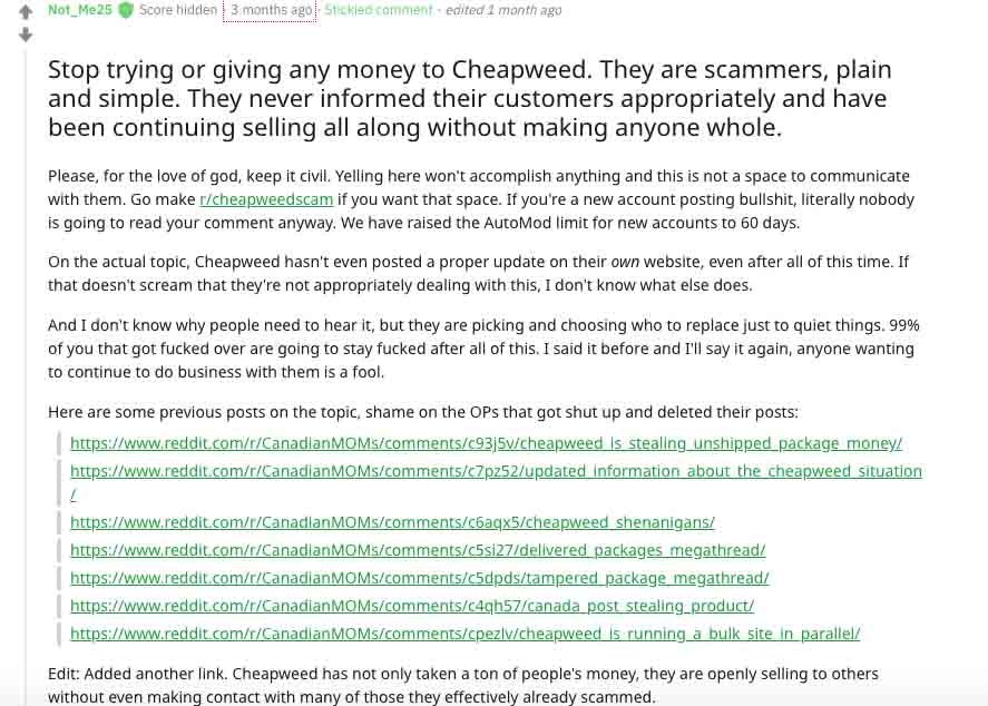 Many people are claiming to have been scammed by cheapweed.ca - read this first if thinking of buying.
