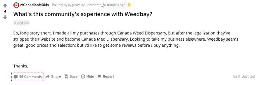 Users on Reddit review Weedbay - all positive replies
