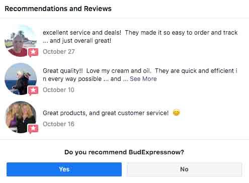 Positive BudExpressNow reviews on their Facebook page.