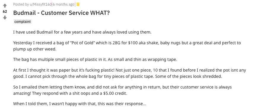 Complaint about Budmail customer service